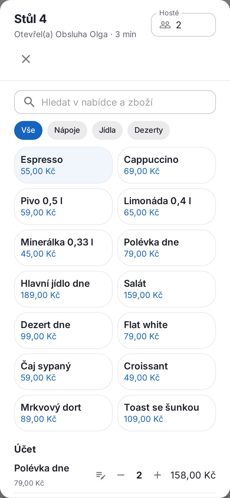 Účet stolu na telefonu obsluhy